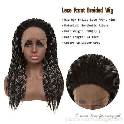 Lace Front Braids Wigs for Black Women Synthetic Hair Senegalese Twist Hand-Braided Wigs Black Blend Silver Grey Long Wig